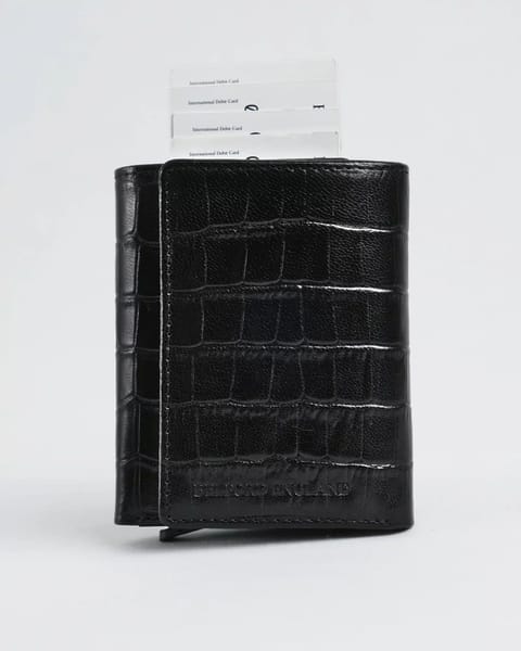 Barcelano - Men’s Original Leather Wallet | One -Click Card Access (Croco Black)