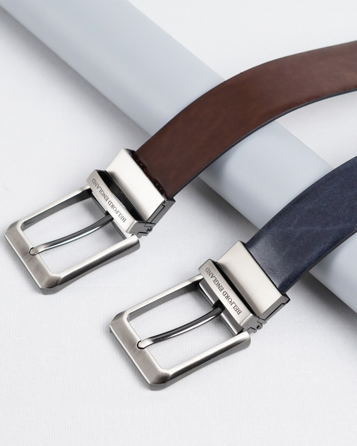 Chicago - Men's Original Leather Belt Reversible (Dark Blue & Brown) - 28-44 - Fits Waist Size: 28-44