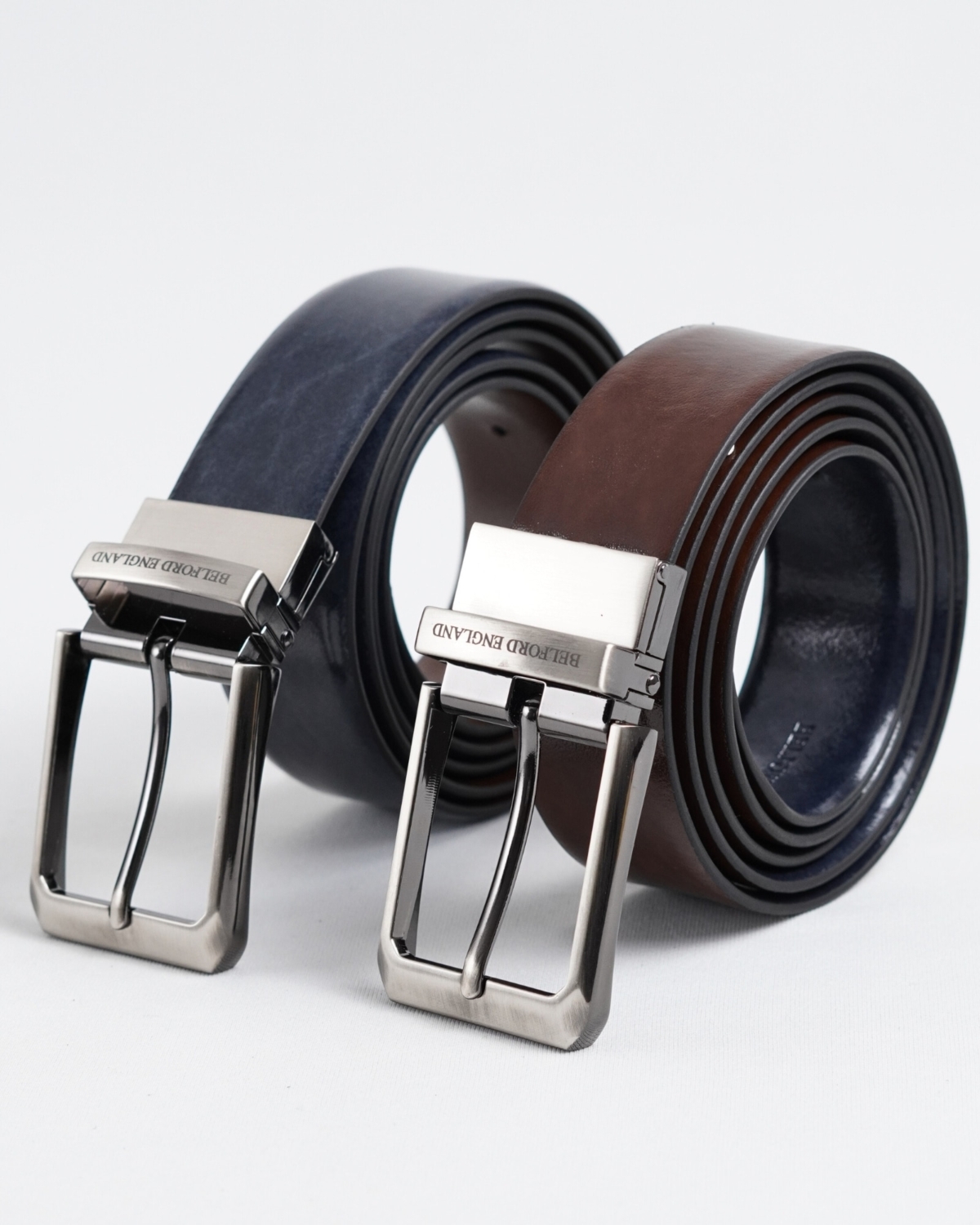 Chicago - Men's Original Leather Belt Reversible (Dark Blue & Brown) - 28-44 - Fits Waist Size: 28-44