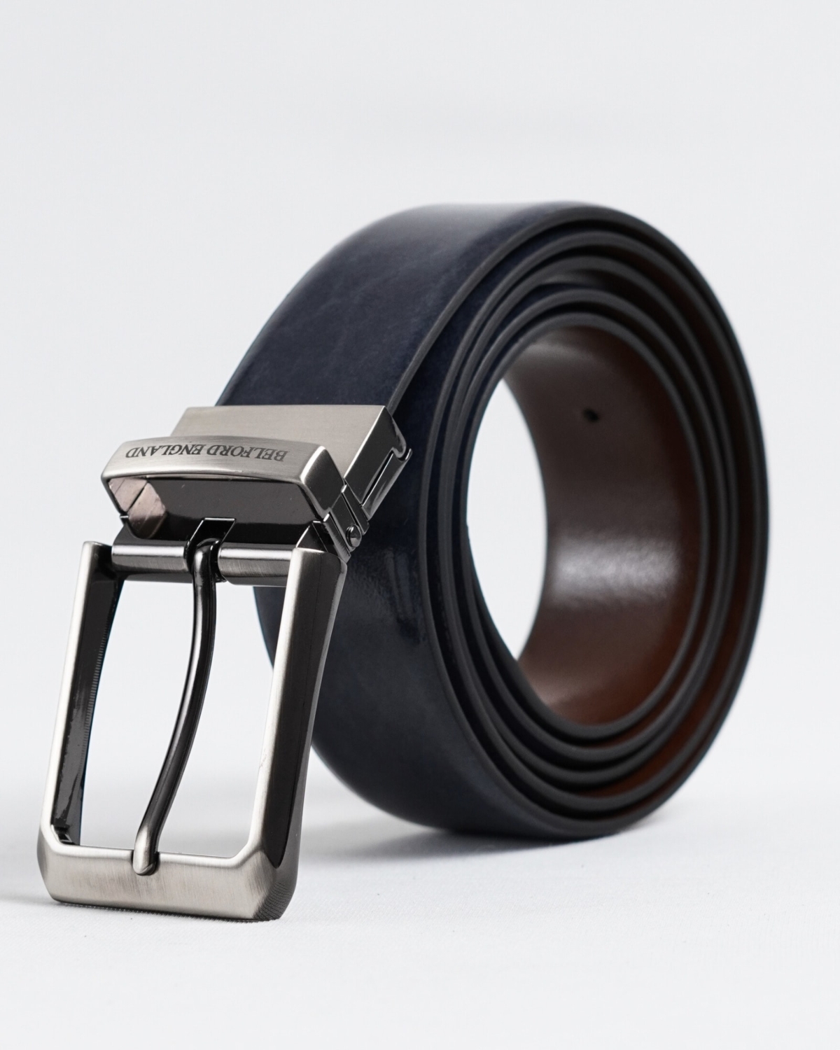Chicago - Men's Original Leather Belt Reversible (Dark Blue & Brown) - 28-44 - Fits Waist Size: 28-44