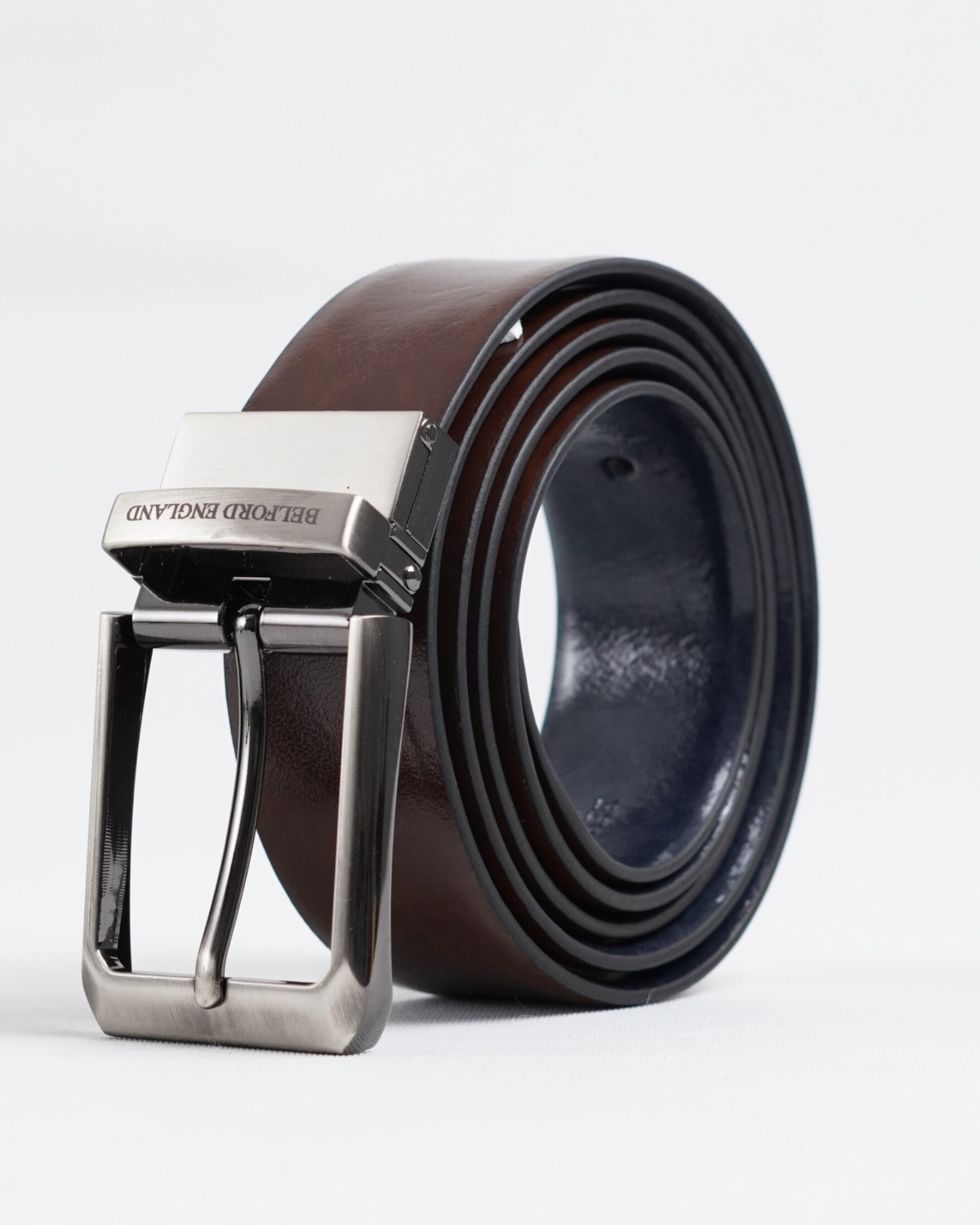Chicago - Men's Original Leather Belt Reversible (Dark Blue & Brown) - 28-44 - Fits Waist Size: 28-44