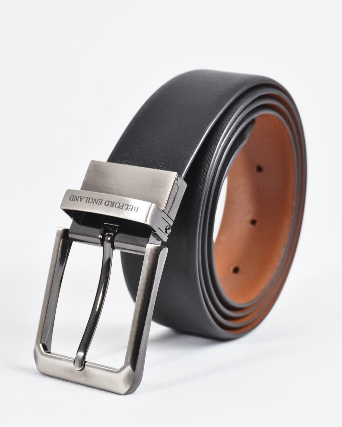 Saffiano Men's Original Leather Belt Reversible (Black & Tan) - 28-44 - Fits Waist Size: 28-44