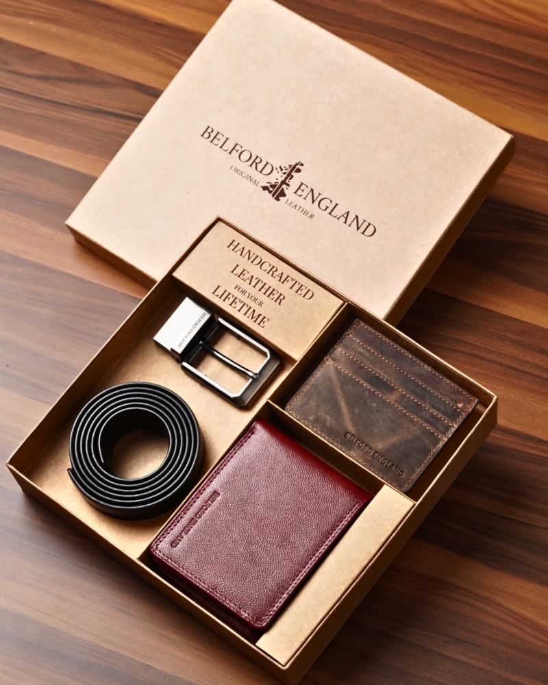 Gift For Men: Personalized Luxury Leather Wallet, Belt & Card Holder Set